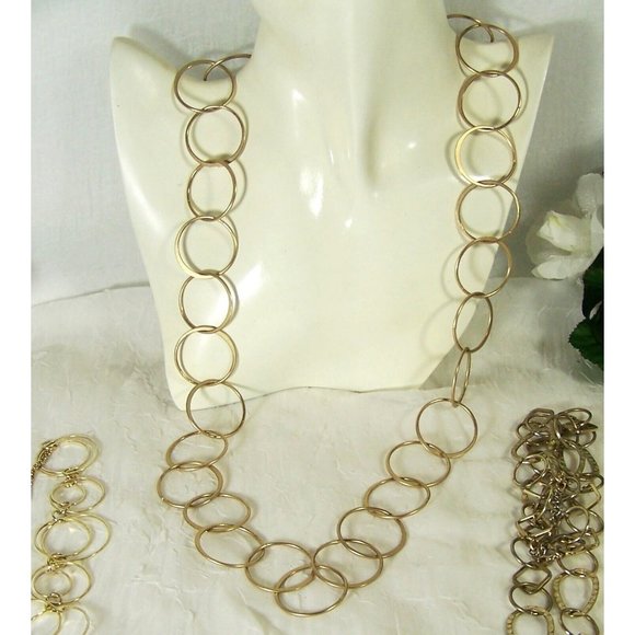 Gold Tone Costume Jewelry Lot Four Long Necklaces Circles and Hoops - Picture 3 of 10